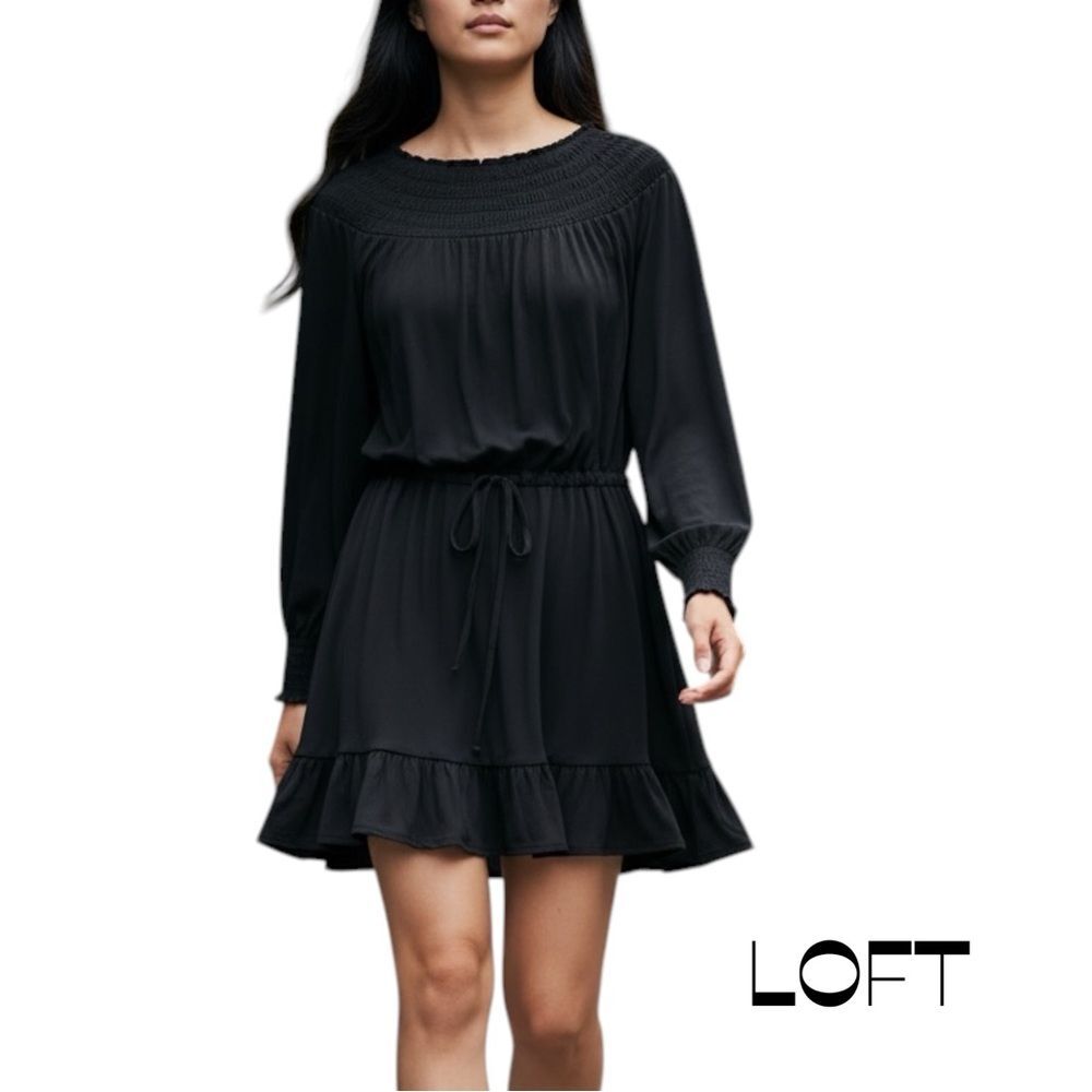 LOFT Black Belted Long Sleeve Smocked Ruffle CottageCore Dress NWT Size L